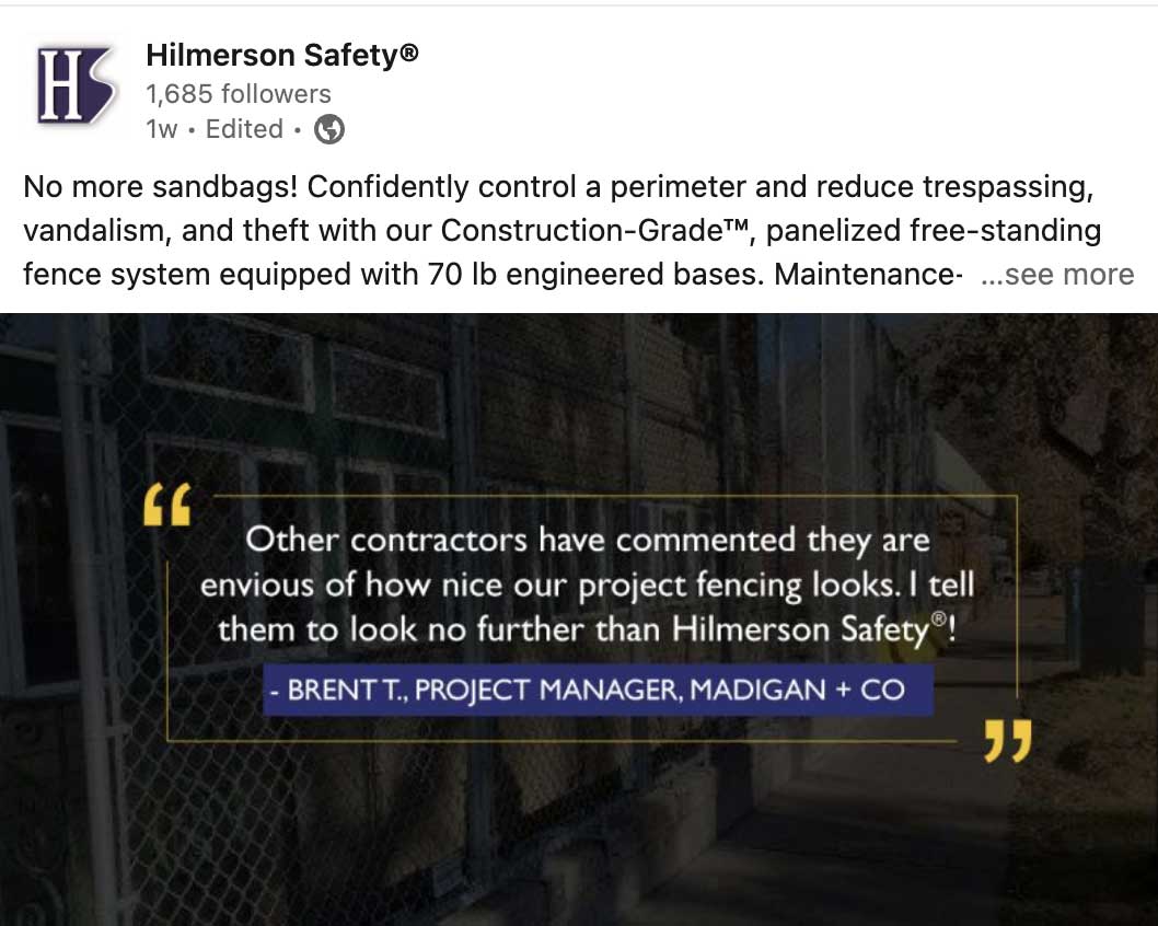 Hilmerson Testimonial Social Post from Brent T Project Manager
