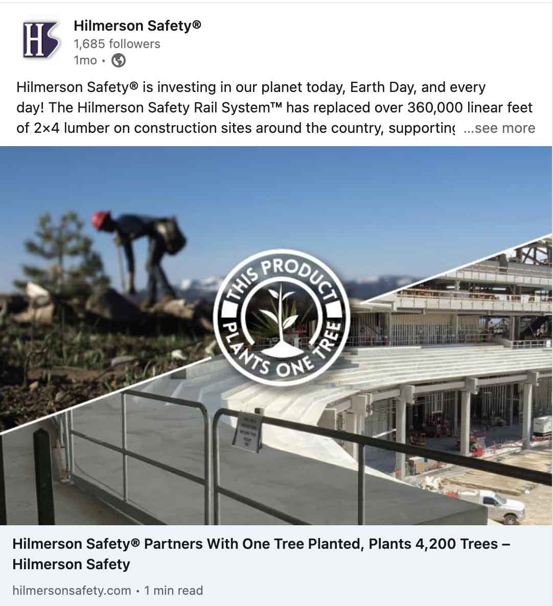 Hilmerson Linkedin Social post Earth Day One Tree Planted